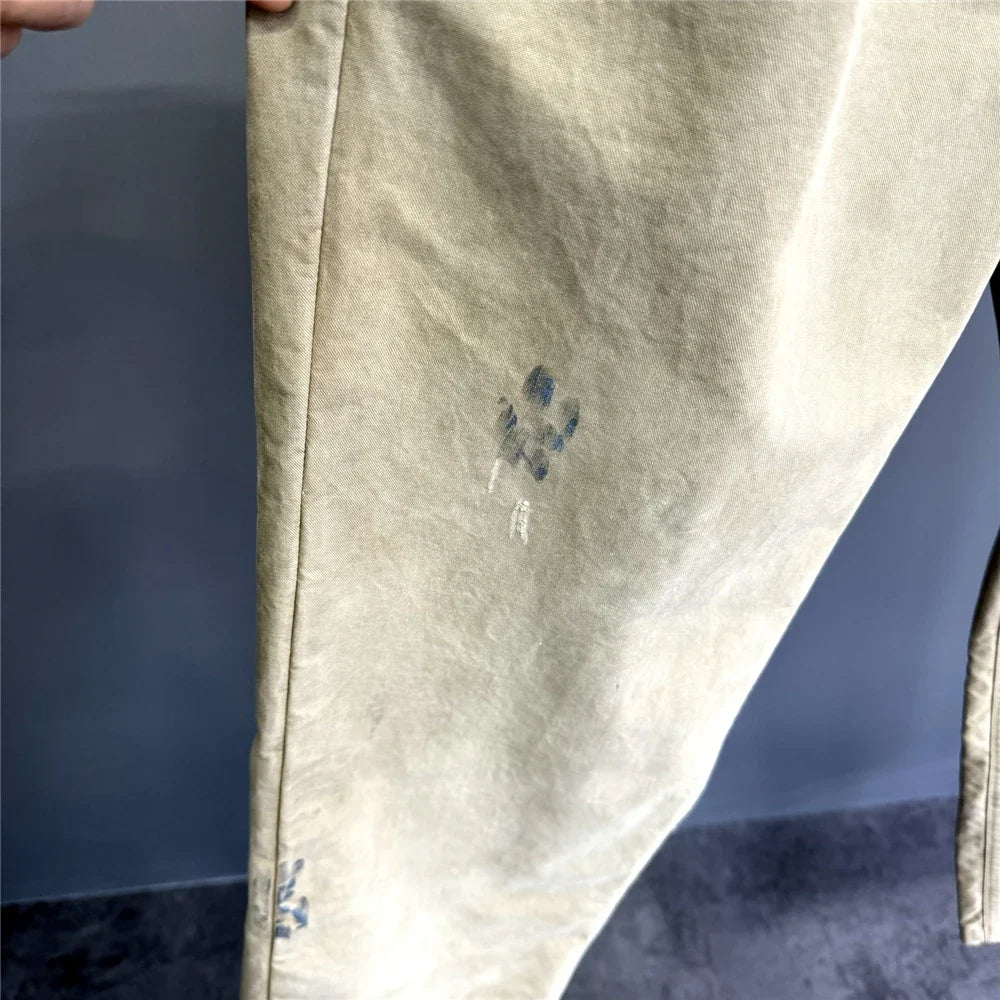 ‌Japanese Premium Vintage Distressed Paint Splash Cargo Pants Men Streetwear Loose Casual Straight Leg Haram Trousers Trendy