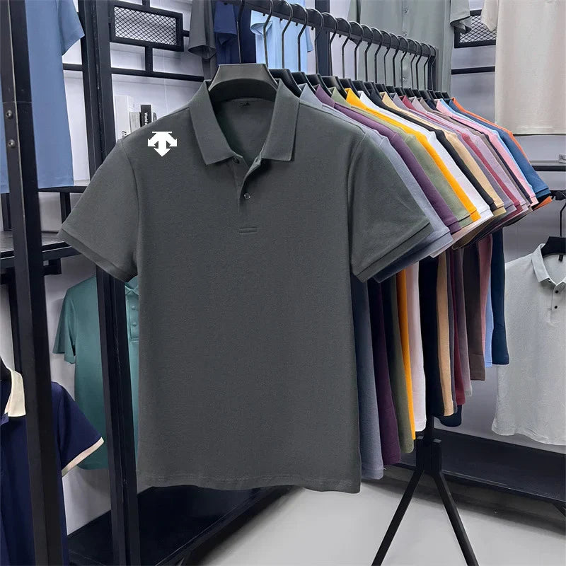 100% men's summer luxury brand polo shirt lapel geometric printing short sleeves t-shirt outdoor leisure men clothing tops
