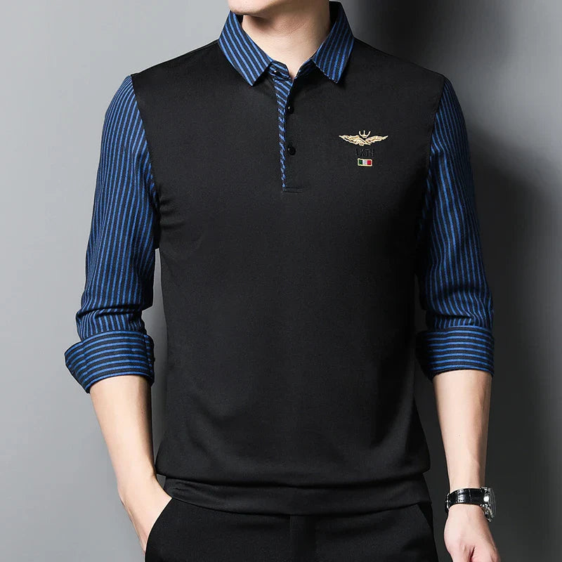 2025 New Men's Casual and Fashionable Long Sleeved POLO Shirt with Contrasting Print Anti Wrinkle Top