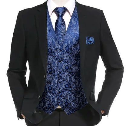 20 Color Men's Vests Tie Business Formal Dress Slim Sleeveless Jacket 4PC Hanky Cufflink Blue Paisley Suit Waistcoat