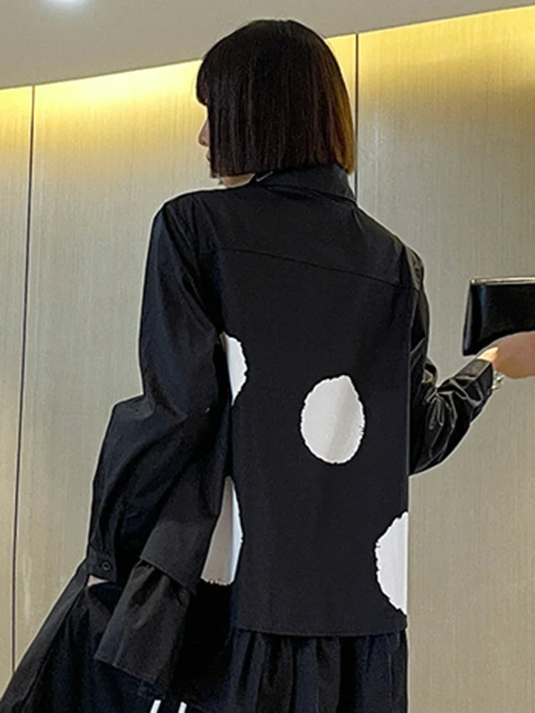 Women Black Color-block Dot Big Size Blouse New Lapel Long Sleeve Large Hem Shirt Fashion Tide Spring Autumn 2026 1DH4274