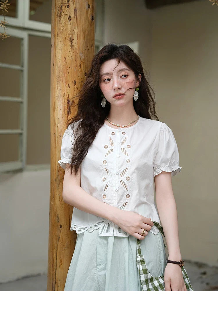 100%Cotton Hollow Embroidery Round Neck Shirt for Women 2025 Summer Puff Sleeve Casual Top Women's Clothing MXE39X1938