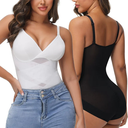 Women Cross Tummy Control Shapewear Sexy Mesh Slimming Waist Briefs Bodysuit Thin Breast Cup Body Shaper Butt Lifter Smooth Body