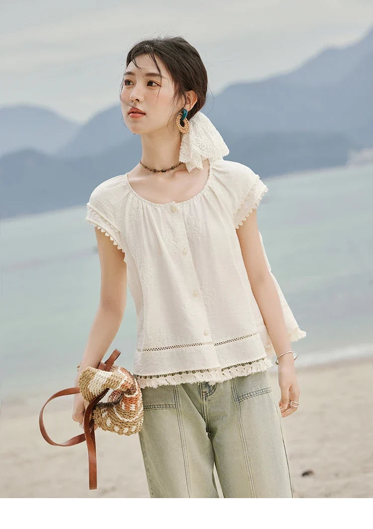 Embroidered French Shirt Women Summer 2025 Short Sleeve Round Neck Solid Blouses Female Fashion New Tops Lady MXE33X1744