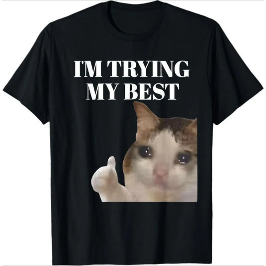 Sad Cat Emoji T-Shirt Humorous Letter Print Women's Black Short-Sleeved Casual Loose-Fit Basic Crew Neck Top for Daily Wear