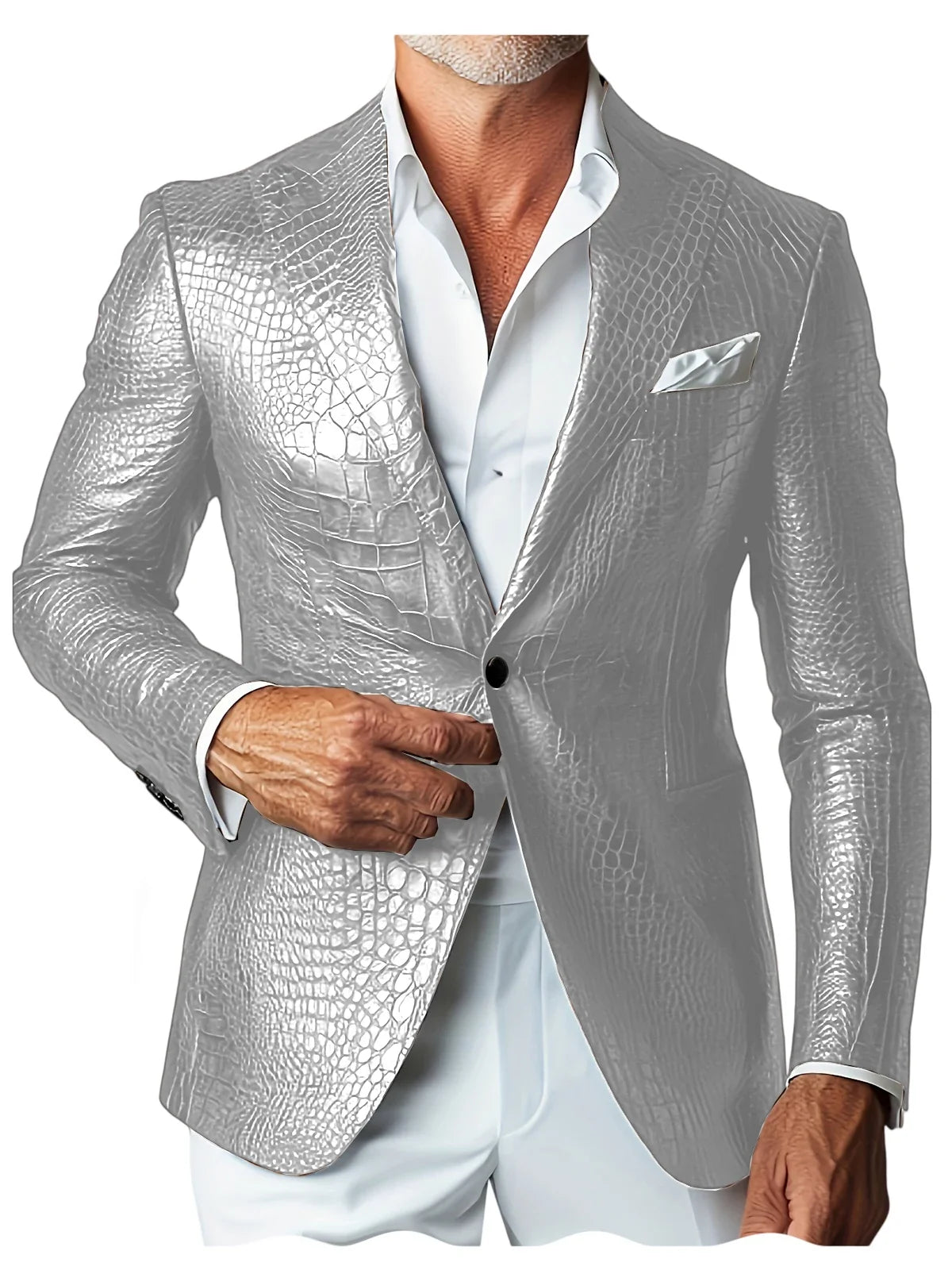 Luxury Men's Crocodile Embossed Leather Blazer Notch Lapel Suit Fit 1 Button Jacket Shiny Croc Print Formal Business Party Coat