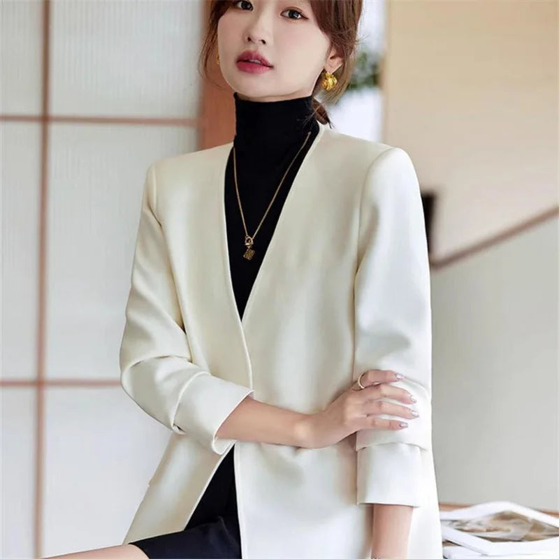 Fashionable Versatile Spring Autumn Women's Blazer Jacket Korean Style Street Style Long Sleeve Suit Coat Pure Color Commute...