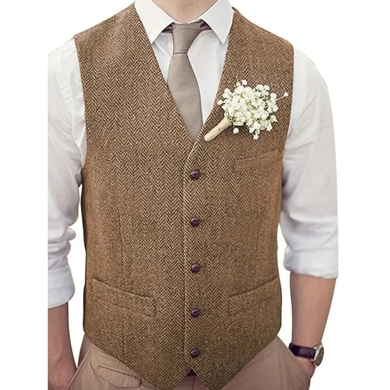 Men Vest Silver Herringbone V Neck Single Button Waistcoat For Wedding Banquet Birthday Business Casual Work Men Suit