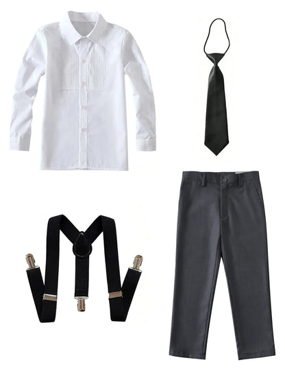 4pcs/set Boys' Suit Set With  Shirt , Pants  Tie And Straps School Uniforms