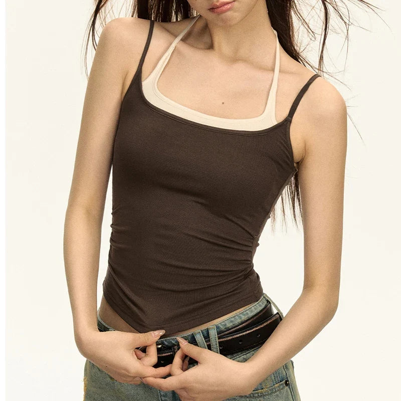 Summer Fashion Women's Splicing Halter Top Sexy Bandage Sleeveless Tank Tops Girls Knitted Camisoles Ropa De Mujer