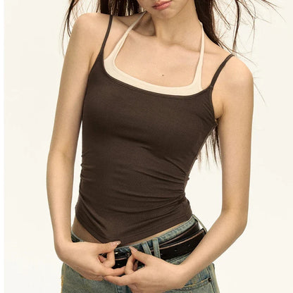 Summer Fashion Women's Splicing Halter Top Sexy Bandage Sleeveless Tank Tops Girls Knitted Camisoles Ropa De Mujer