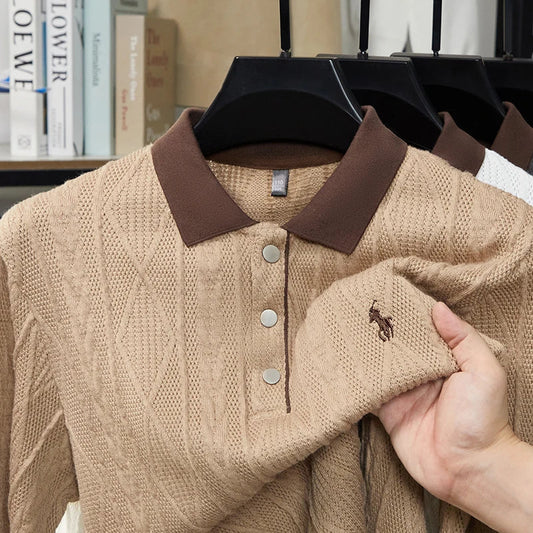 Men's Autumn and Winter Light Luxury 100% Cotton Men's Embroidered Knitted T-shirt Casual Business Sweater Polo Shirt