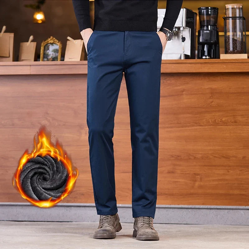 2025 Winter Fleece Pants Men's Pocket Fashion Thickened Cotton Stretch Comfort Plush Straight Business Pants Male