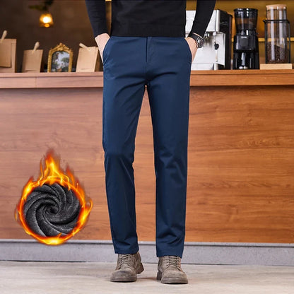 2025 Winter Fleece Pants Men's Pocket Fashion Thickened Cotton Stretch Comfort Plush Straight Business Pants Male