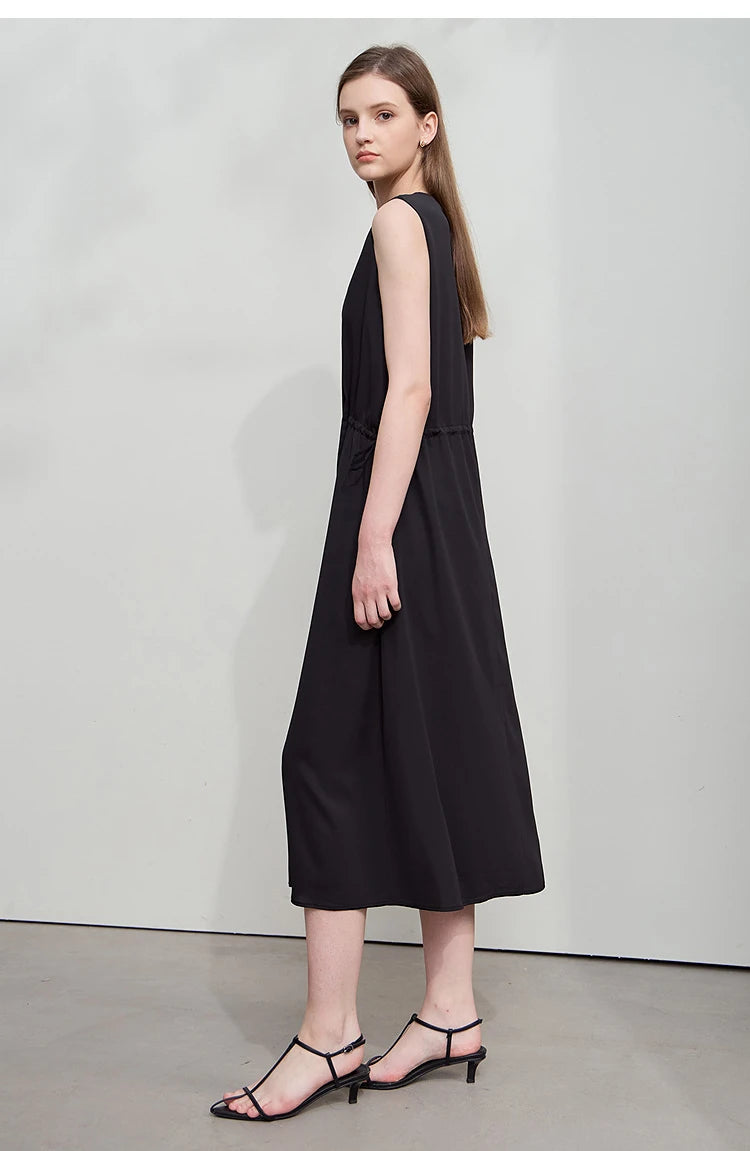Minimalism Dresses 2025 Summer Vocation Women Loose Long Dresse Sleeveless High Waist Design Bead Drawstring Dress 12542177
