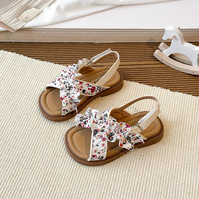 Summer Girl's Sandals Open Toe Flower Hook-loop Chic Kid's Flat Shoe Solid Colors Light Comfy Casual Daily Children Shoes 23-33