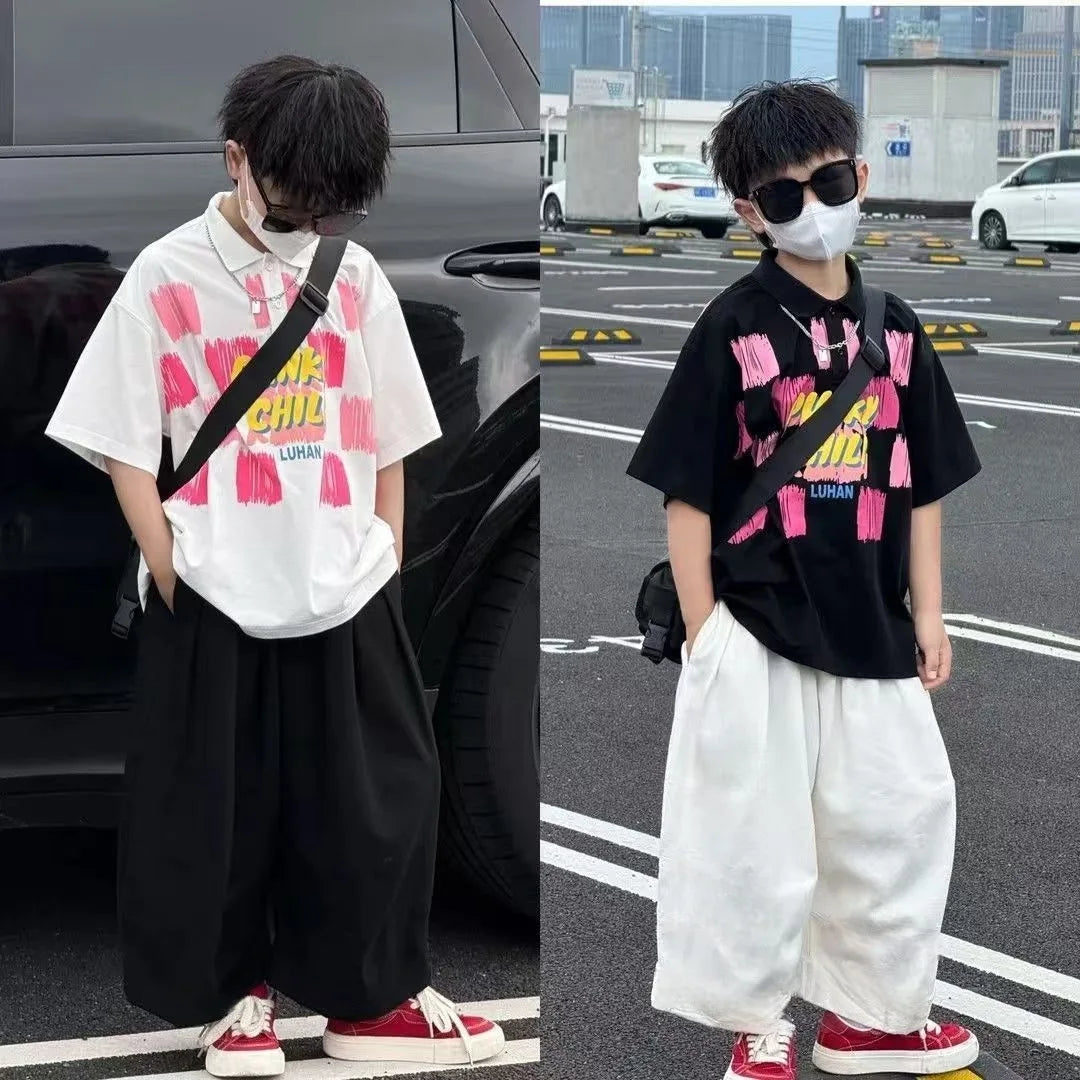 Summer Boys Cotton Stylish Graffiti Alphabet Shirt Top+Plain Wide-Leg Pant Set School Kids 2PCS Tracksuit Children Outfit 7-16Yr