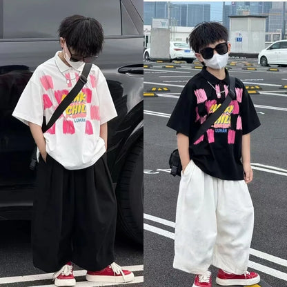 Summer Boys Cotton Stylish Graffiti Alphabet Shirt Top+Plain Wide-Leg Pant Set School Kids 2PCS Tracksuit Children Outfit 7-16Yr
