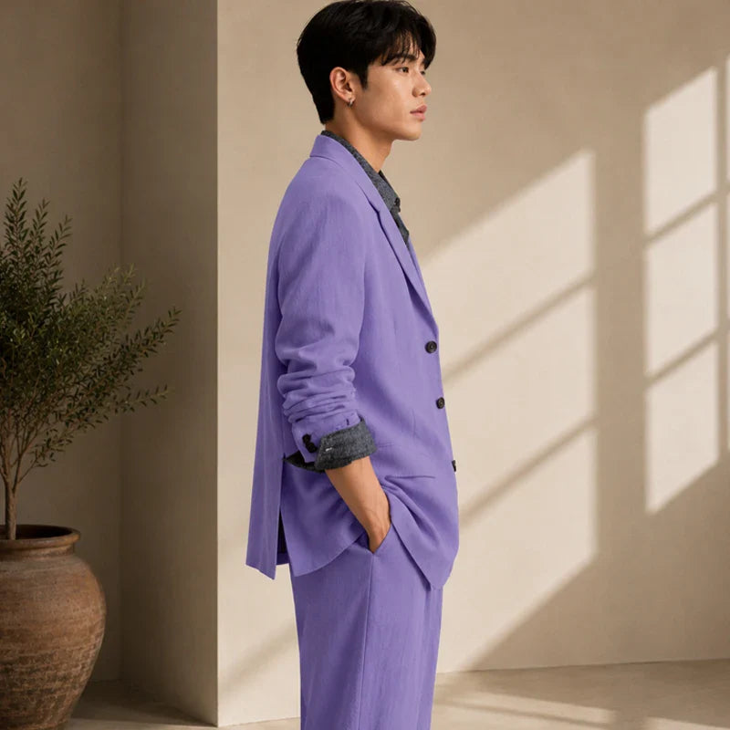 Men's Linen 2 Piece Set Notched Lapel Loose Fit Blazer Wide Leg Trousers Lightweight Breathable Spring Business Casual DailyWear