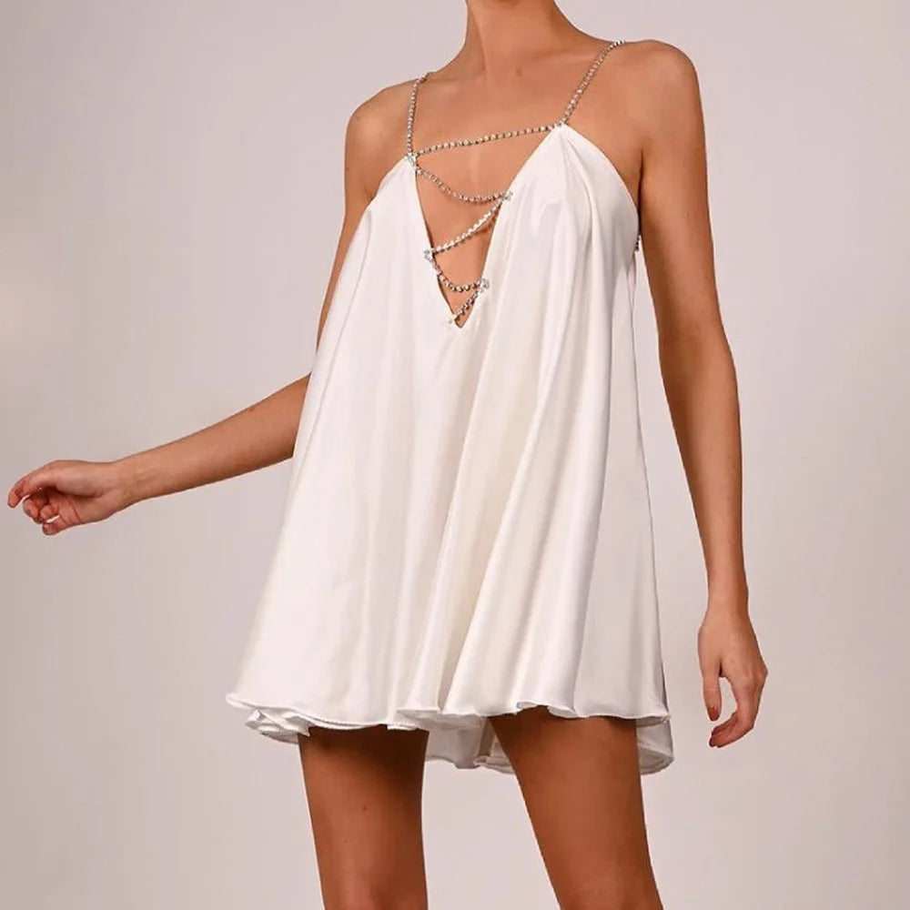 Fashion Womens Casual Chain Suspender Short Dress Fashion Solid Color Hollow V-Neck A-Line Dress Party Club Street Style S-XL