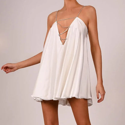 Fashion Womens Casual Chain Suspender Short Dress Fashion Solid Color Hollow V-Neck A-Line Dress Party Club Street Style S-XL