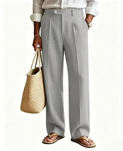 Men's Linen Summer Beach Trousers Casual Dress Pants Elastic Waist Pleated Loose Fit Lightweight Yoga Vacation Lounge Pants