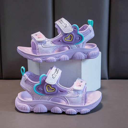 2026 New Summer Girls Sports Sandals Love Heart Decor Soft Non-Slip Beach Sandals For 3-12 Years Old Kids
