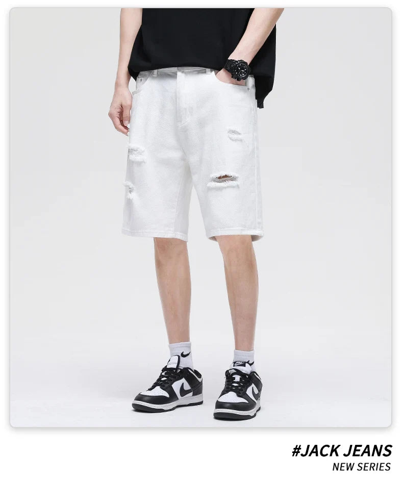 Summer New White Casual Men's Denim Shorts Ripped Fashion Loose Straight Street Bermuda Jeans Male Hole Short Pants