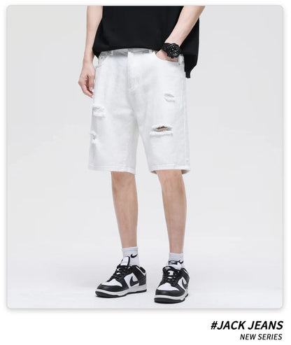 Summer New White Casual Men's Denim Shorts Ripped Fashion Loose Straight Street Bermuda Jeans Male Hole Short Pants