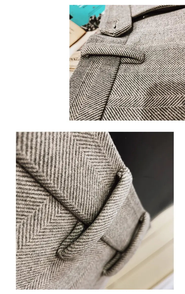 Autumn Winter Striped Woolen Cloth Suit Pants Men Casual Slim Straight Warm Trousers Formal Business Social Office Dress Pants