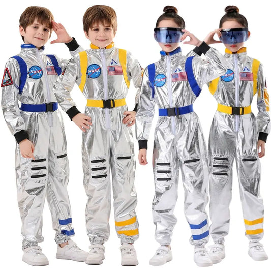 Kids Astronaut Costume Silver Astronaut Cosplay Fantasia Disguise Children Jumpsuit Spaceman Outfits Hallowee Carnival Suit