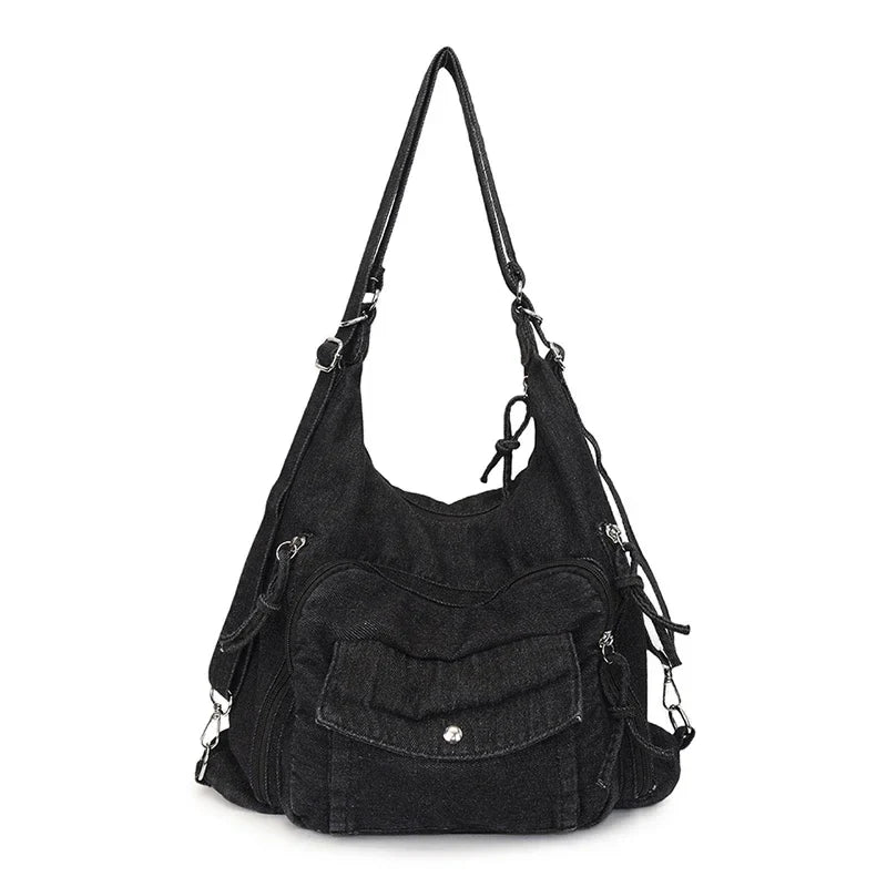 Solid Color Denim Trendy Shoulder Bag for 2025 High Quality Fashion Zipper Large Capacity Versatile Women's Crossbody Bag