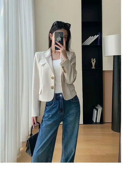 Korean Style Women Blazers Cropped New Autumn Solid Gentle Basic Defined Overcoats Harajuku Leisure Notched Fashion All-match