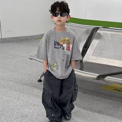 2026 Summer New Vintage Korean Boys T-Shirt Crew Neck Kids Tweens Casual Stylish Breathable Cotton Top