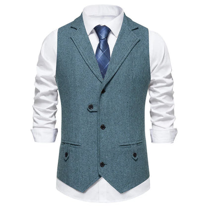 Men Vest Brown Herringbone Single Button Solid With Lapel Waistcoat For Wedding Groom Business Banquet Office Work Men Suit Vest