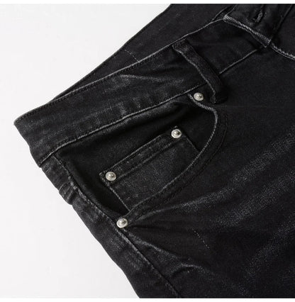 Men's Cracked Red Pleated Patch Biker Jeans Streetwear Patchwork Stretch Denim Pants Skinny Tapered Black Trousers