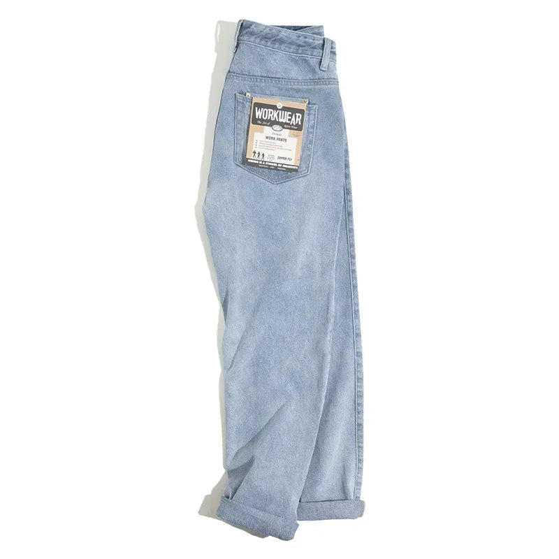 Men Vintage Washed Denim Jeans 12.8 OZ Straight Dark Blue Loose Casual Wide Leg Pants Male Streetwear Blue Jeans Trousers