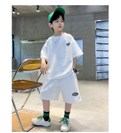 Summer Casual Boys Jacquard Loose T-Shirt Tops+Shorts Pant School Kids 2PCS Tracksuit Child Outfits Student Workout Set 3-14 Yr