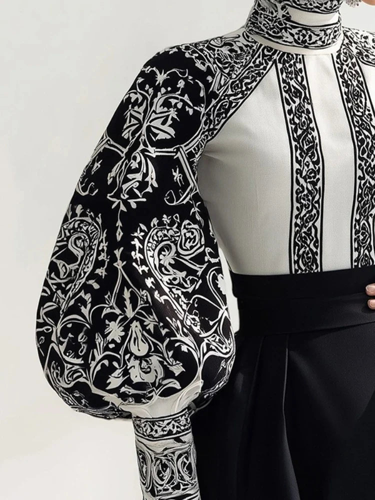 Modigirl Vintage Court Style Black and White Floral Print Blouse Women 2026 Spring Summer High Neck Puff Sleeve Elegant Shirt