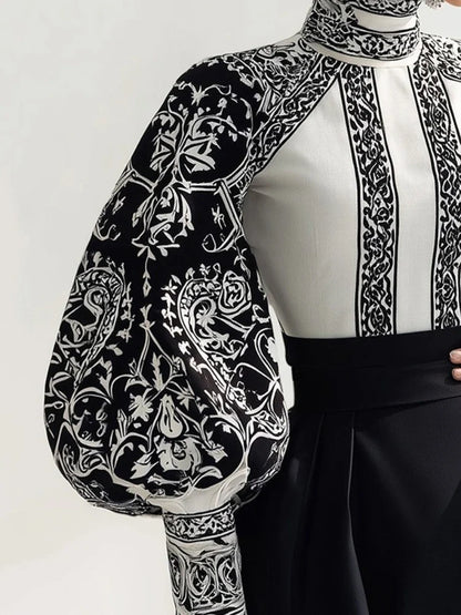 Modigirl Vintage Court Style Black and White Floral Print Blouse Women 2026 Spring Summer High Neck Puff Sleeve Elegant Shirt