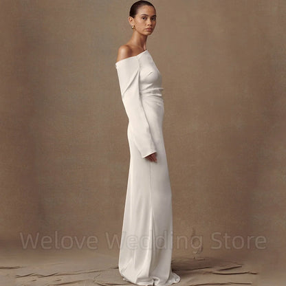 Simple Boat Neck Mermaid Wedding Dress Bride Long Sleeves Off the Shoulder with Buttons Soft Satin Customized Gowns