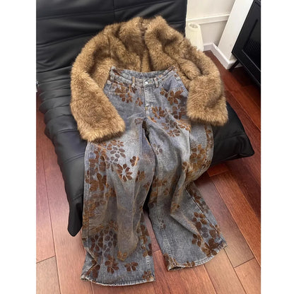 American Retro Floral Print Loose Jeans Women's Wide Leg Denim Pants Autumn Winter Plus Size Slimming Floor-Length Trousers