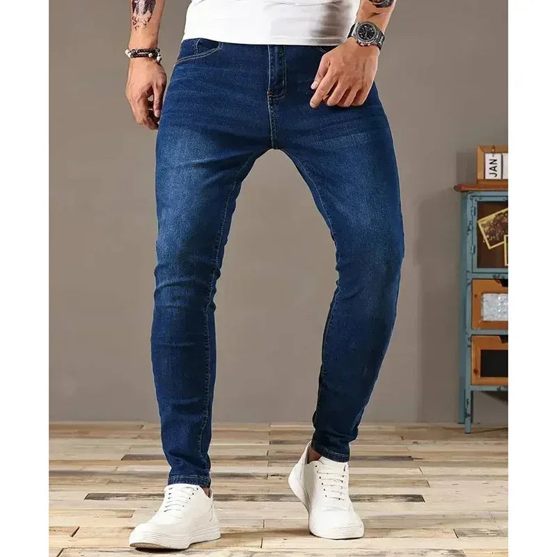 Men Narrow Leg Jeans Male Straight Leg Slim Pencil Denim Pants Classic Casual Daily Stretch Skinny Trousers