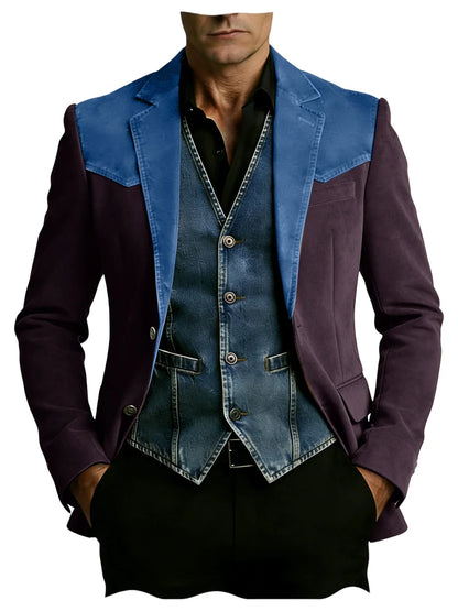 Men's Vintage Suede Blazer Notch Lapel 2 Button Denim Shoulder Collar Patch Jacket Business Casual Daily Wear Coat for Gentlemen