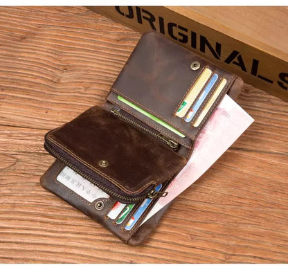 Handmade crazy horse leather wallet retro vertical zipper wallet first layer cowhide simple old wallet man