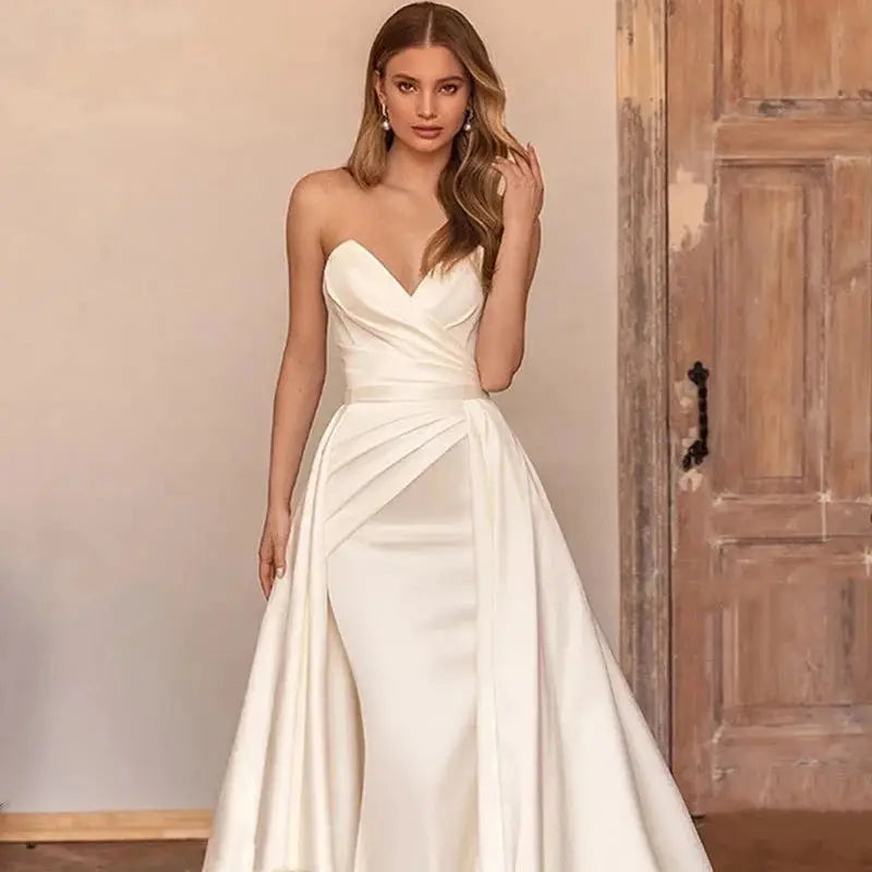 Customized 2 In 1 Detachable Train Wedding Dress 2026 Satin Sleeveless Simple Mermaid Princess Bride Gowns Vestido De Noiva