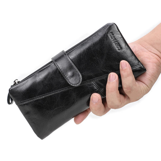 Portefeuille long en cuir véritable pour homme avec pochette de téléphone, compartiment zippé pour pièces de monnaie, pochette de soirée pour homme, petit portefeuille