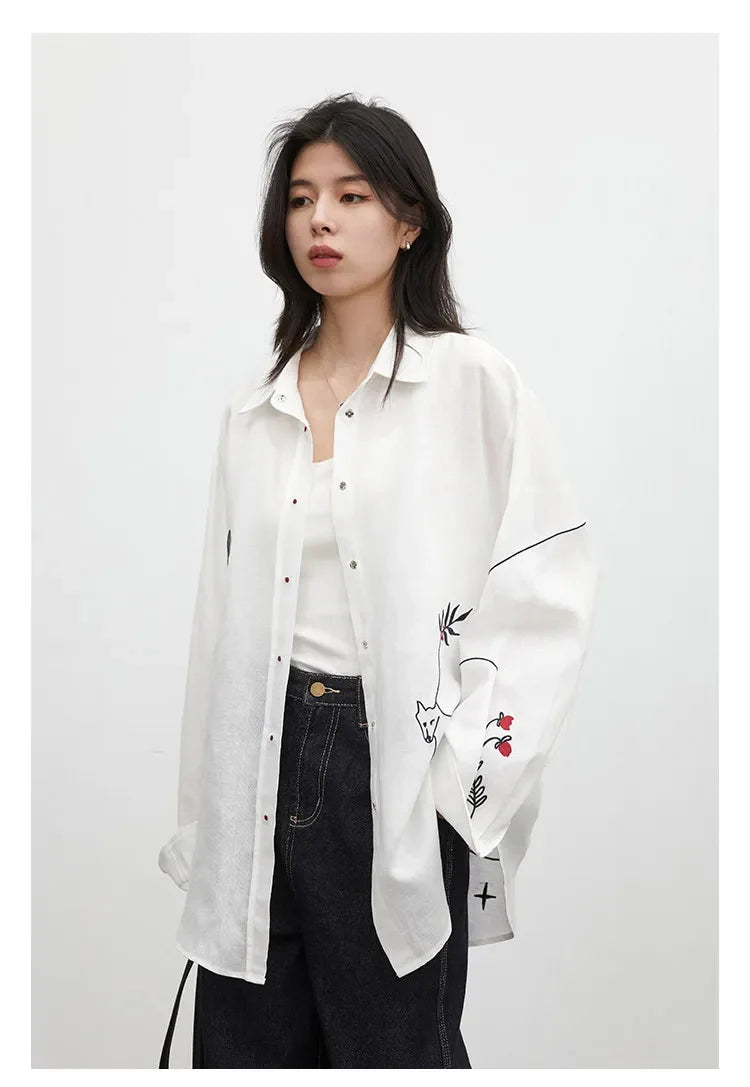 Fashion Women Shirt White Single-breasted Loose Casual Long Sleeve Pony Embroidered Female Blouses Spring Summer 2026