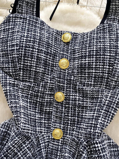 American Summer Women Camisole Halter Buttons Y2K Solid Slim Fit Tops Fashion Chic Tweed Design Hotsweet Tank Top