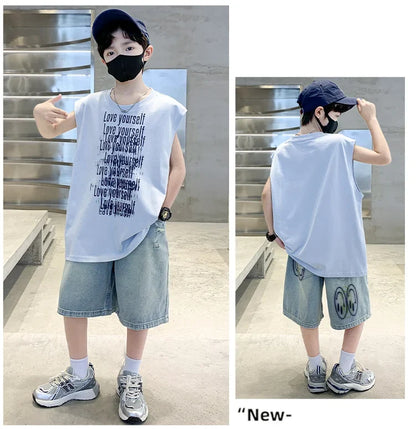 2025 New Summer Outfit Sets for Boys Sleeveless Tshirt And Denim Shorts 2 Pieces Tracksuit Kids Child Stylish Sports Suits 5-14Y